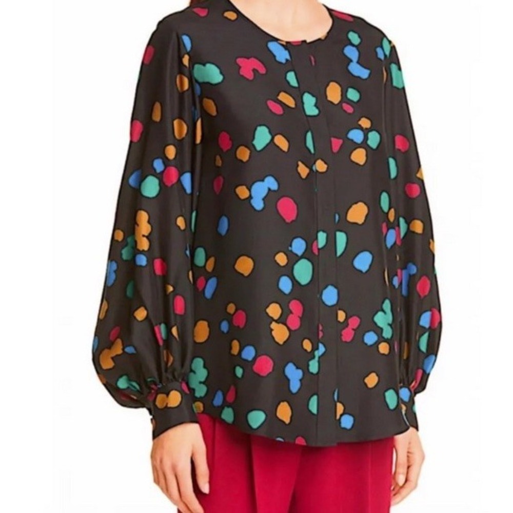 Lafayette 148 New York Sicilia Scatter Dot Silk Blouse Womens Size 2X Black
